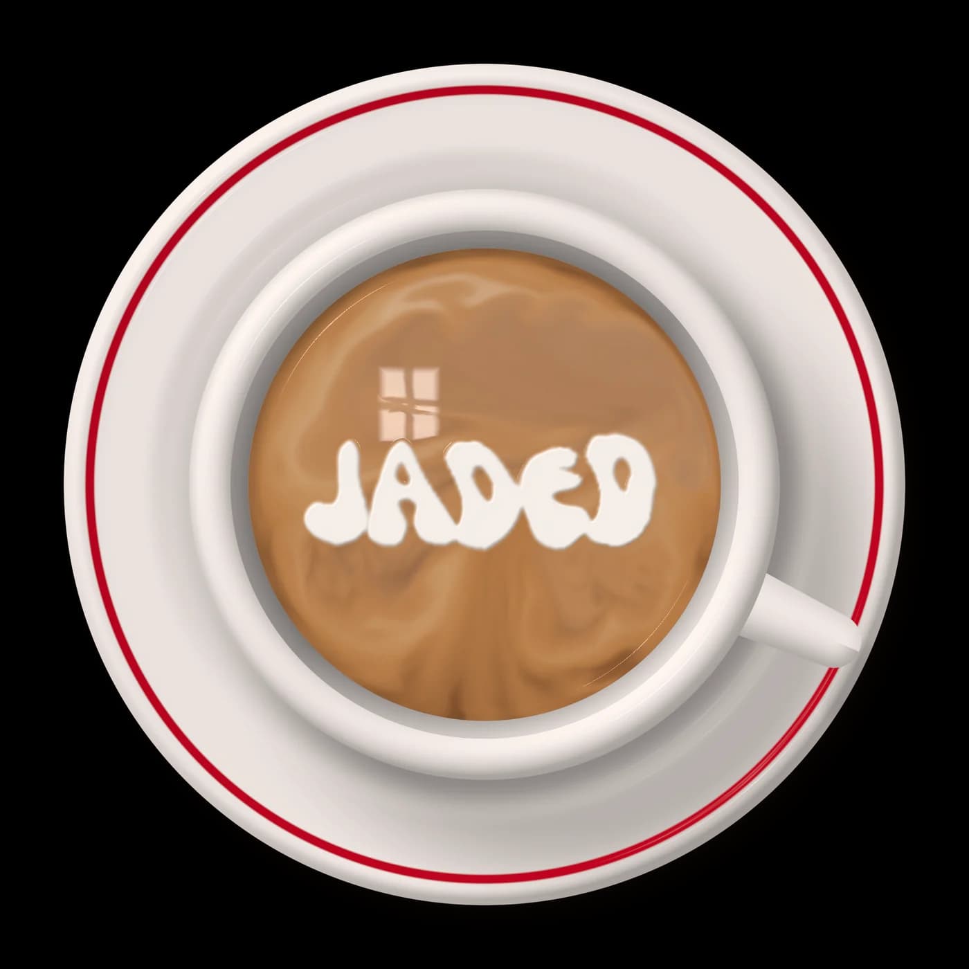 A flat white seen from above, with the JADED wordmark poured in the milk foam.