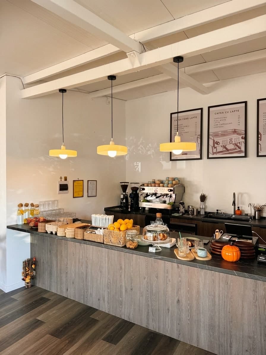 The bar: an espresso machine stacked with cups, three yellow pendants, and the menu boards on the wall.